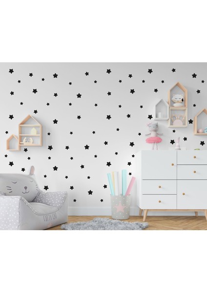 3-4-5 cm Mat Siyah Kenarları Oval Yıldızlar Duvar Sticker 100 Adet