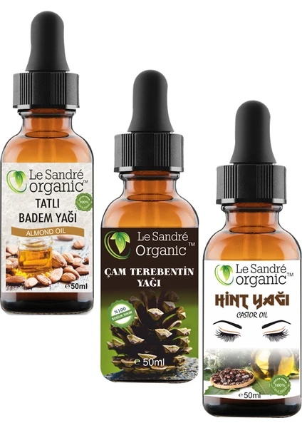 Le Sandre Organics Badem Yağı+Çam Terebentin Yağı+Hint Yağı Kaş Kirpik Bakımı 3 Lü Set