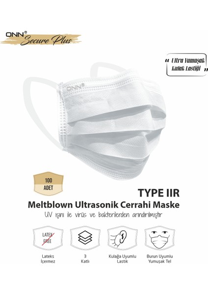 Secure Plus Meltblown Ultrasonik 3 Katlı Cerrahi Maske - Beyaz (100 Adet)