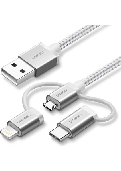 3 in 1 iOS Lightning Type-C Micro USB Şarj ve Data Kablosu Silver