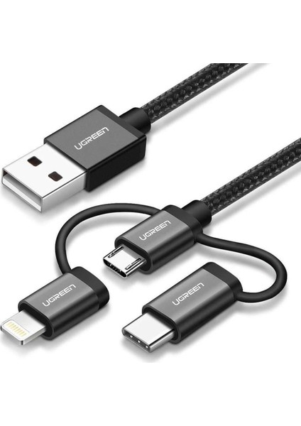 3 in 1 iOS Lightning Type-C Micro USB Şarj ve Data Kablosu Siyah