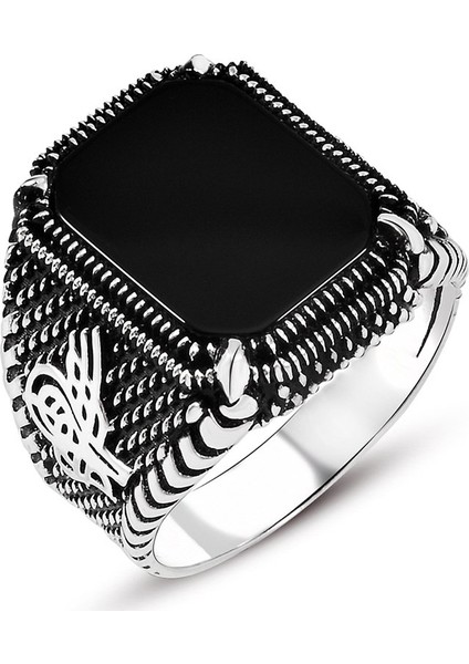 Nokta Işlemeli Tuğra Motifli Siyah Oniks Taşlı 925 Ayar Gümüş Erkek Yüzük fiyatları