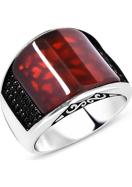 Zirkon Taş Işlemeli Bombeli Akik Taşlı 925 Ayar Gümüş Erkek Yüzük modelleri