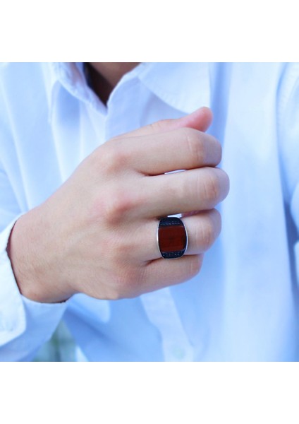 Zirkon Taş Işlemeli Bombeli Akik Taşlı 925 Ayar Gümüş Erkek Yüzük indirimleri