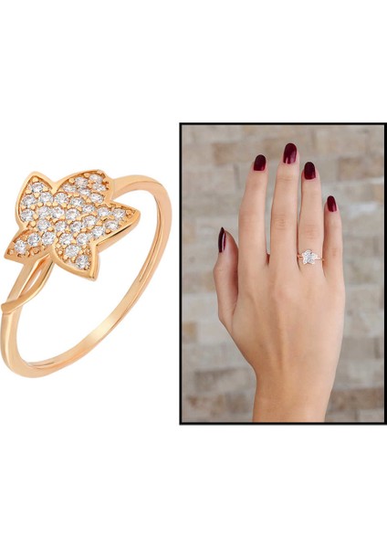 Zirkon Taşlı Kır Çiçeği Tasarım Rose Renk 925 Ayar Gümüş Bayan Yüzük