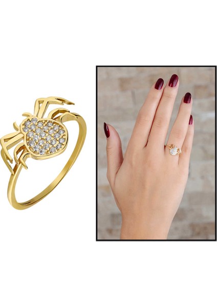 Zirkon Taşlı Spider Tasarım Gold Renk 925 Ayar Gümüş Bayan Yüzük