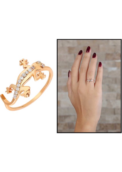 Zirkon Taşlı Kertenkele Tasarım Rose Renk 925 Ayar Gümüş Bayan Yüzük