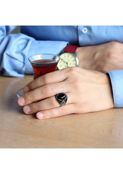 Başak Motifli Siyah Oniks Taşlı 925 Ayar Gümüş Erkek Yüzük