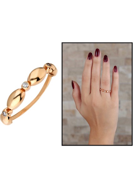 Zirkon Taşlı Sıralı Arpa Tasarım Rose Renk 925 Ayar Gümüş Bayan Yüzük