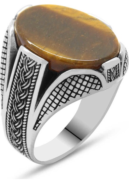 Kaplangözü Taşlı Örgü Tasarım 925 Ayar Gümüş Erkek Yüzük modelleri