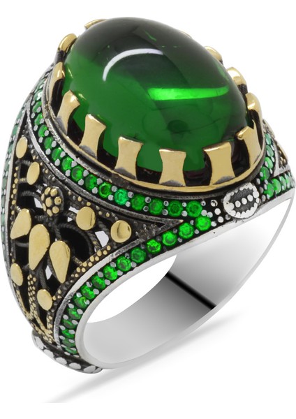 Yeşil Zirkon Taşlı Oval Tasarım 925 Ayar Gümüş Erkek Yüzük modelleri