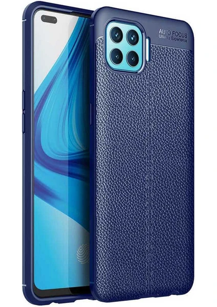 Case 4U Oppo Reno 4 Lite Kılıf Rugan Armor Deri Görünümlü Yüksek Kalite Silikon Niss Lacivert