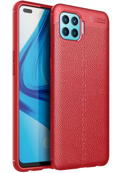 Case 4U Oppo Reno 4 Lite Kılıf Rugan Armor Deri Görünümlü Yüksek Kalite Silikon Niss Kırmızı