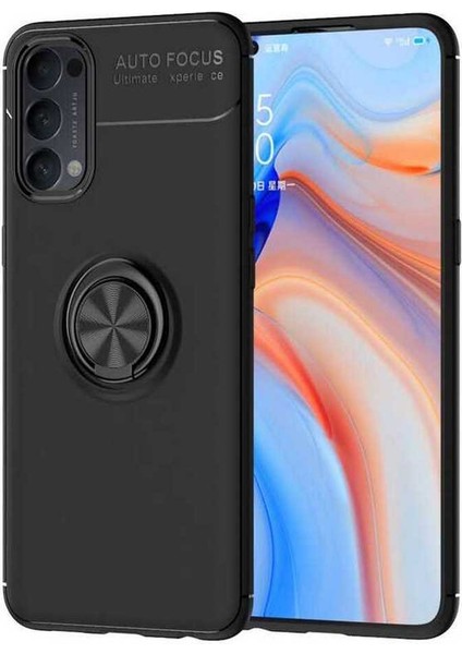 Oppo Reno 4 Kılıf Autofocus Shockprof Ravel Yüzüklü Standlı Slikon Kapak Siyah