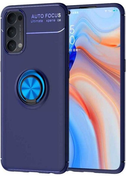 Oppo Reno 4 Kılıf Autofocus Shockprof Ravel Yüzüklü Standlı Slikon Kapak Mavi