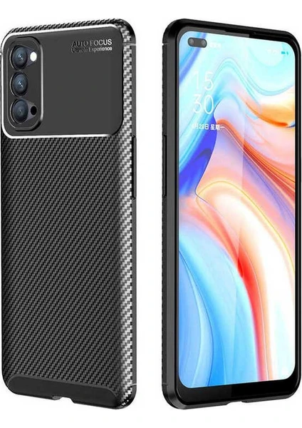 Case 4U Oppo Reno 4 Kılıf Rugged Armor Karbon Desenli Lüx Negro Silikon Arka Kapak Siyah