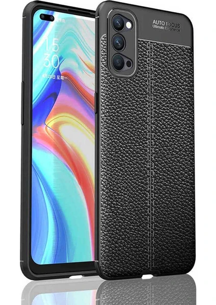 Case 4U Oppo Reno 4 Kılıf Rugan Armor Deri Görünümlü Yüksek Kalite Silikon Niss Siyah