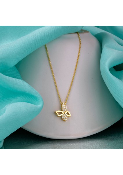 Gümüş Swarovski Taşlı Kelebek Temalı Altın Kaplama Kadın Kolye