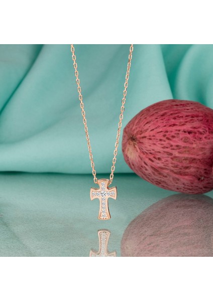 Gümüş Swarovski Taşlı Haç Temalı Rose Kaplama Kadın Kolye
