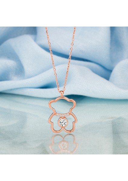 Gümüş Swarovski Taşlı Ayıcık Temalı Rose Kaplama Kadın Kolye