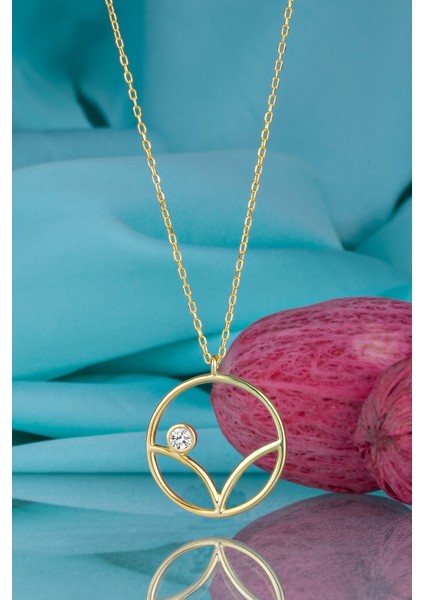 Gümüş Swarovski Taşlı Tektaş Altın Kaplama Kadın Kolye