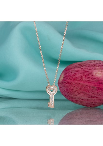 Gümüş Swarovski Taşlı Anahtar Temalı Rose Kaplama Kadın Kolye