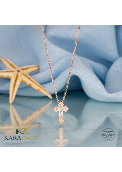 Gümüş Swarovski Taşlı Haç Temalı Rose Kaplama Kadın Kolye