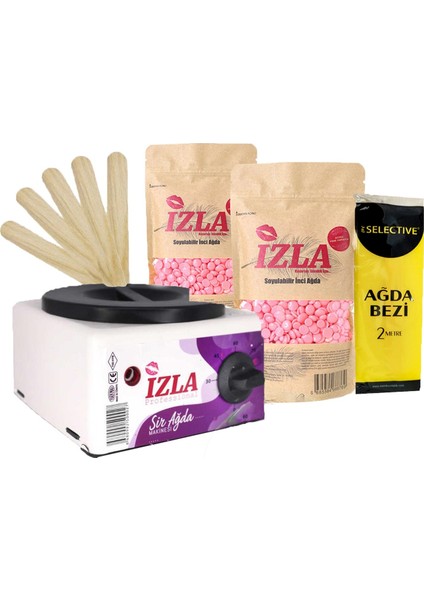 Izla Sir Ağda Makinesi + 2 Adet Pudralı Soyulabilen Boncuk Ağda + Spatula Seti + 2 Metre Ağda Bezi &  Waxing Machine