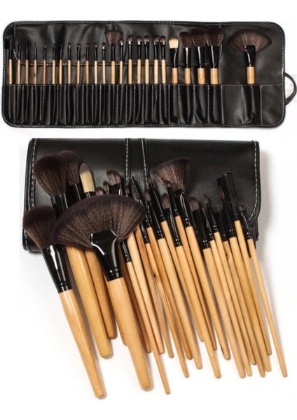 24'lü Profesyonel Deri Çantalı Bambu Fırça Seti &  Professional Leather Bag Bamboo Brush Set