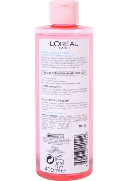 L'Oréal Paris Değerli Çiçekler Tonik Normal ve Karma Ciltler