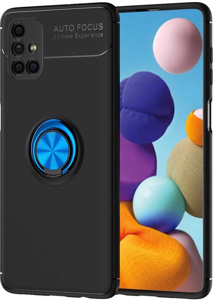Samsung Galaxy M51 Kılıf Ultra Korumalı Yüzüklü Manyetik Ravel Silikon + Cam Ekran Koruyucu Siyah - Mavi