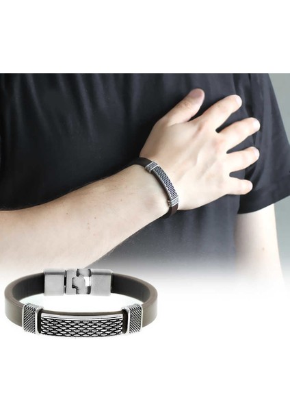 Nokta Işlemeli Kahverengi Kararmaz Metal-Deri Kombinli Erkek Bileklik