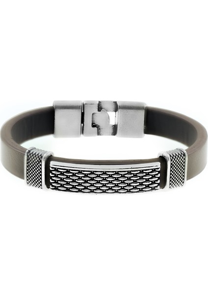 Nokta Işlemeli Kahverengi Kararmaz Metal-Deri Kombinli Erkek Bileklik modelleri