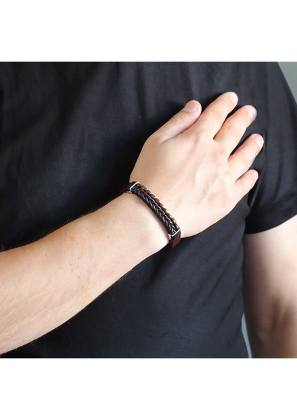 Hasır Tasarım Kuka Işlemeli Kahverengi Çelik-Deri Kombinli Erkek Bileklik fiyatları