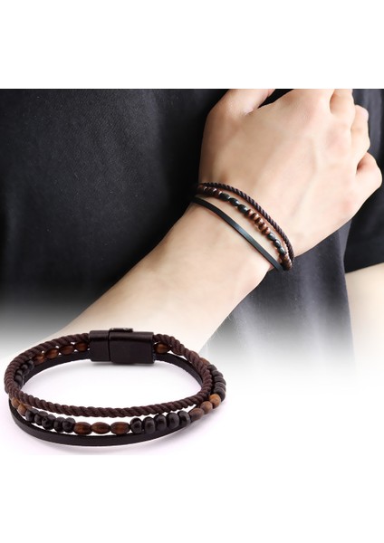 Hasır Tasarım Kuka Işlemeli 3 Sıra Siyah-Kahverengi Çelik-Deri Kombinli Bileklik