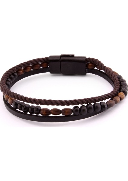 Hasır Tasarım Kuka Işlemeli 3 Sıra Siyah-Kahverengi Çelik-Deri Kombinli Bileklik modelleri