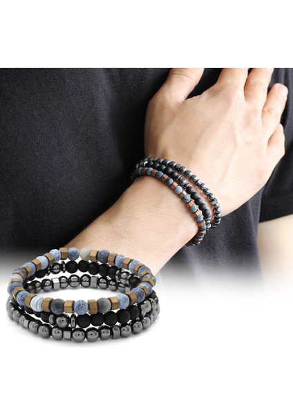 Küre Kesim Mat Akik-Oniks-Hematit Kombinli Doğaltaş Bileklik