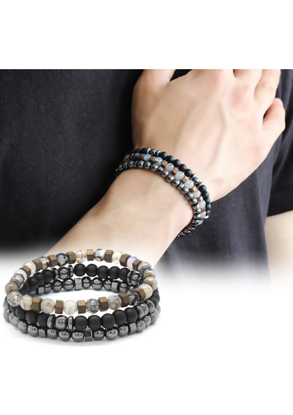 Küre Kesim Siyah Oniks-Akik-Hematit Kombinli Doğaltaş Bileklik