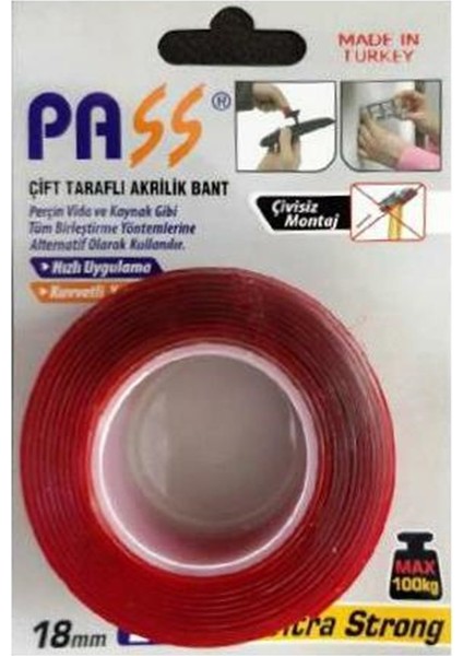 3 Adet Pass Çift Taraflı Akrilik Bant 18 mm x 2 m