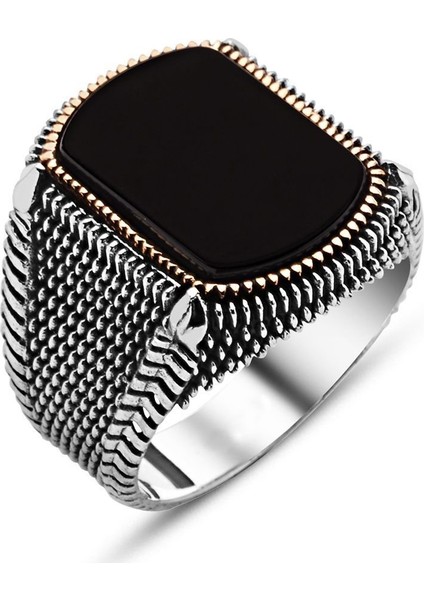 Nokta Işlemeli Siyah Oval Oniks Taşlı 925 Ayar Gümüş Erkek Yüzük fiyatları