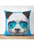 Çift Taraflı Mavi Zeminde Gözlüklü Cool Panda Motifli Dekoratif Süet Kırlent Kılıfı 1
