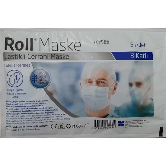 Roll Maske 5'li Paket Cerrahi 3 Katlı Telli Lastikli 20 Paket - 100 Adet