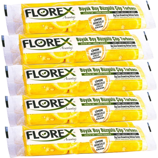 Florex Avantaj Seri Limon Kokulu Büzgülü Büyük Boy Çöp Poşeti X 5 Rulo