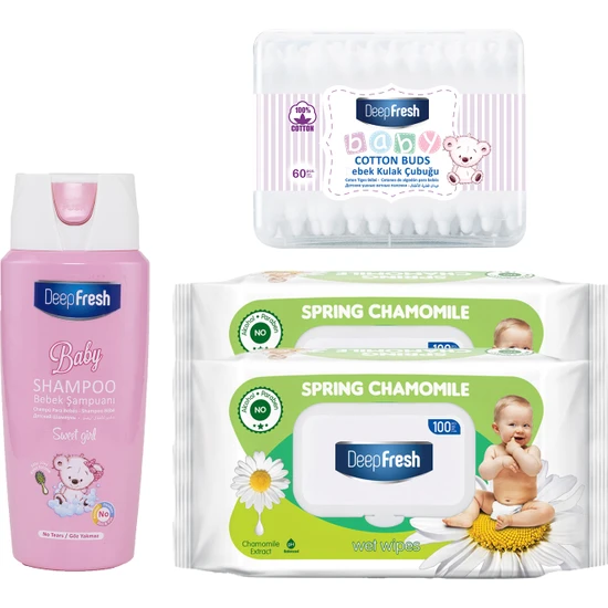 Deep Fresh Baby Kız Ekonomik Paket (Sweet Girl Şampuan 500 ml & Papatya Islak Mendil 200 Yaprak & Kulak Temizleme Çubuğu 60 Adet)