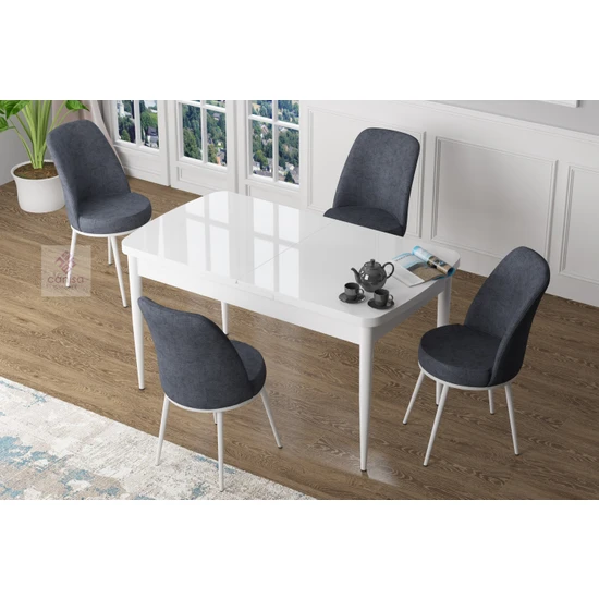 Canisa Concept Zen Serisi Mdf Açılabilir Mutfak Masası Takımı-Yemek Masası Takımı Beyaz Masa 4 Sandalye