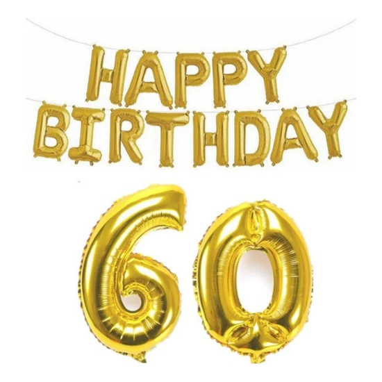 Partisüs Altın Renk Happy Birthday Yazılı 60 Yaş Folyo Balon Parti ve Kutlama Seti
