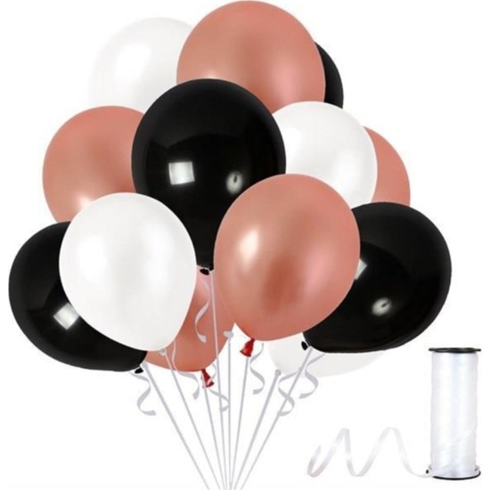 Partisüs Beyaz-Rose Gold-Siyah Metalik Sedefli Balon 15 Adet