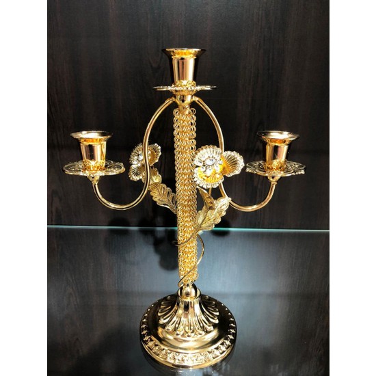 Ceyyiz Gold Kristal Taşlı Jumbo Üçlü Mumluk Şamdan LKM017