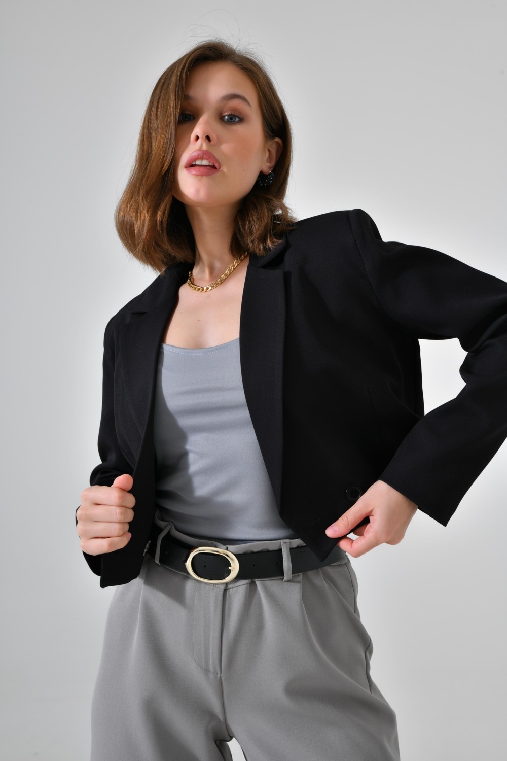 Saade Haki Kruvaze Crop Blazer Ceket Kadın %86 Polyester %14 Elastan Yumuşak Ve Rahat