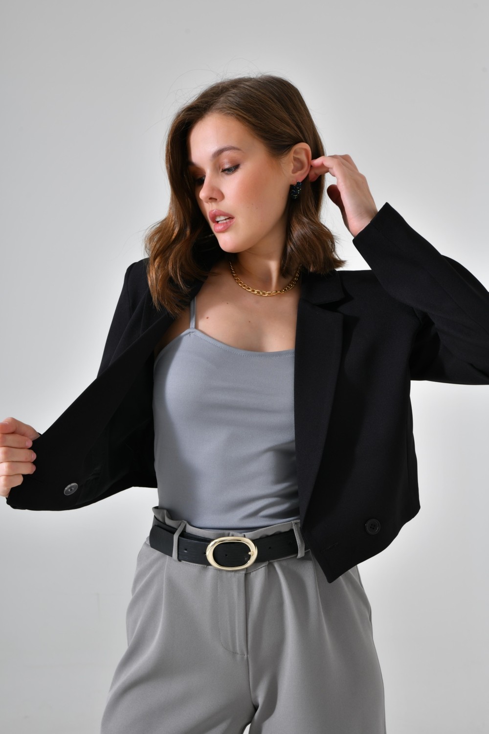 Saade Haki Kruvaze Crop Blazer Ceket Kadın %86 Polyester %14 Elastan Yumuşak Ve Rahat görsel 8